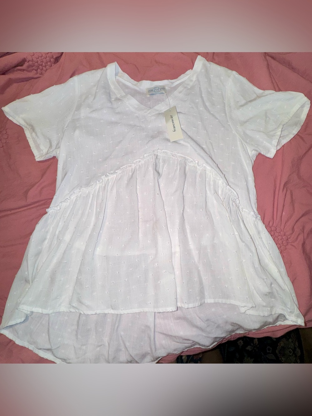 White V-Neck Swiss Dot Peplum Blouse